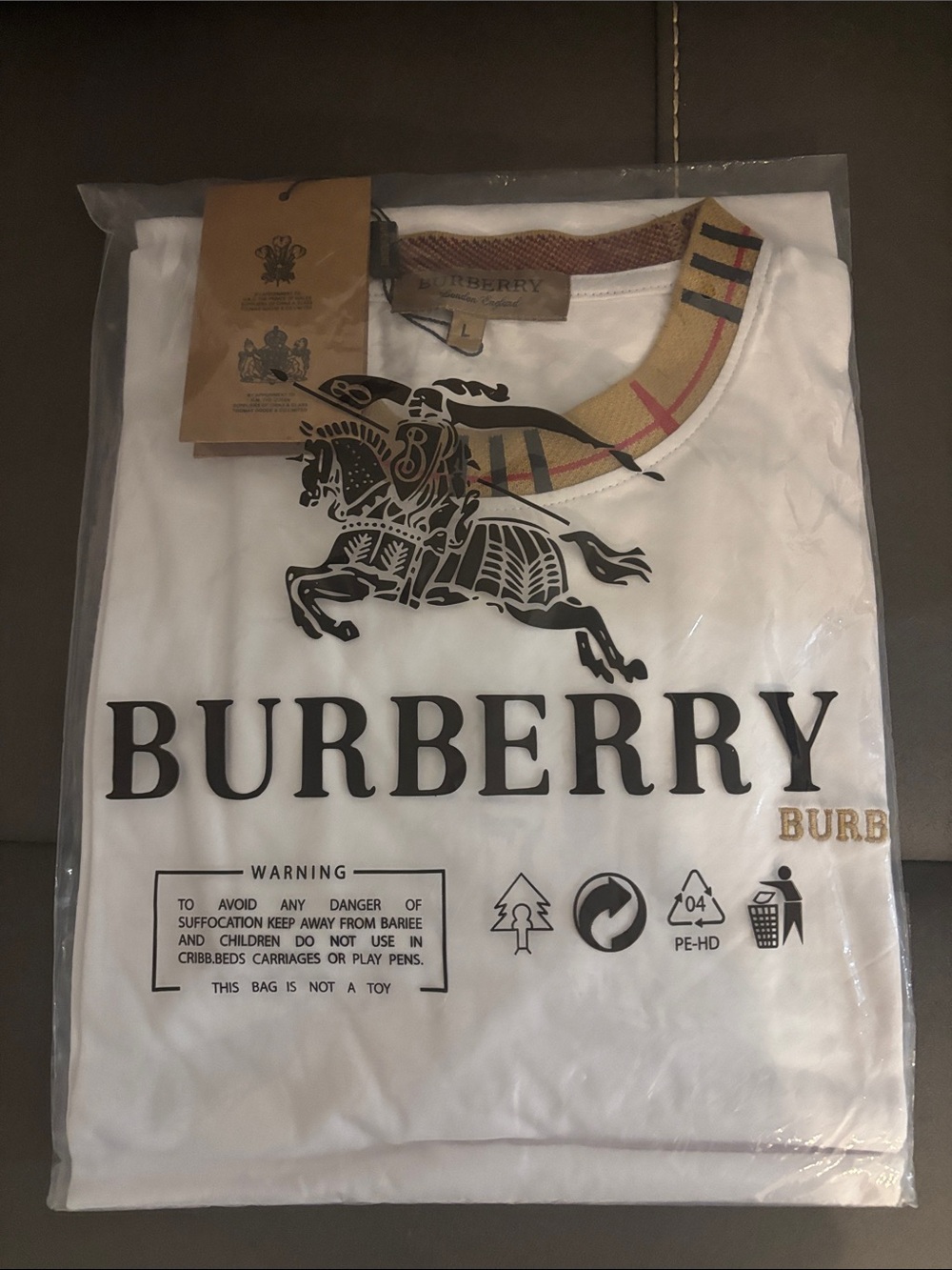 Burberry White Cotton Logo Tee with Nova Check Collar